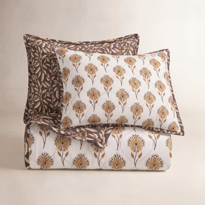 Woodstock White Tan Floral Fall Leaves Print Classic Reversible Cotton Quilt Set