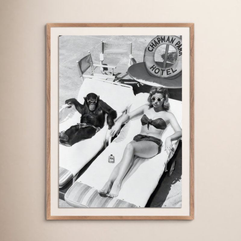 Woman Sunbathing with Chimpanzee by Getty Images, 32" H x 24" W, Rustic Walnut Framed