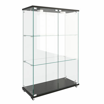 Vitrine moderne en verre avec lumières DEL, armoire antique à assemblage rapide, bibliothèque en verre trempé, convenant au salon et aux chambres à coucher, 2 tablettes à 3 portes, transparente et noire (ancien numéro de référence: W241P242926)