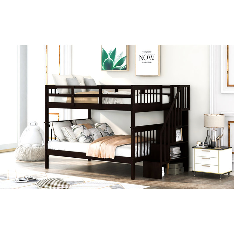 Lit superposé double avec rangement et garde-corps pour escalier pour chambre à coucher, dortoir, espresso, Espresso