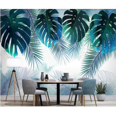 Teal Blue Monstera Palm Leaf Wall Mural – Bold Tropical Botanical Jungle Canopy Large Format Wall Art Decor