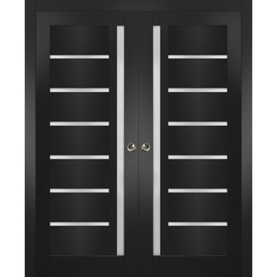 Portes coulissantes doubles à galandage de style français 84 x 84 pouces Quadro 4088 Noir mat avec ensemble de garnitures et quincaillerie en verre dépoli, bois massif, pour chambre à coucher intérieure, portes robustes