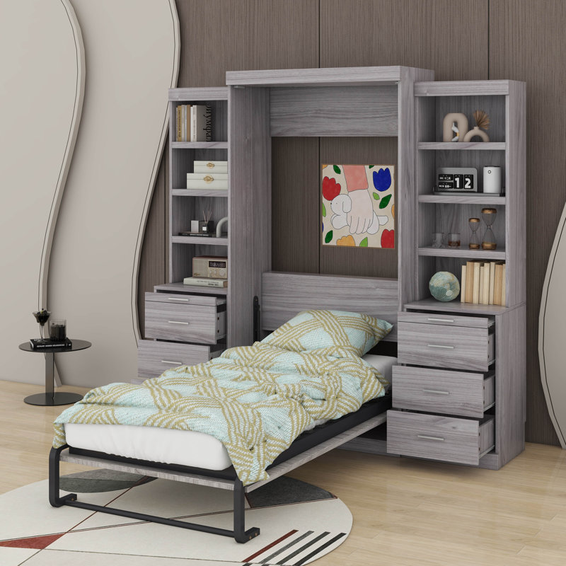 Lit escamotable double avec tablettes et tiroirs
