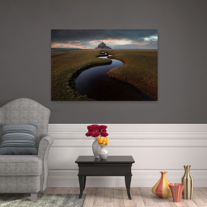 «Dramatic Mont Saint-Michel River», impression d'art abstrait paysage mural, 32" H x 48" W