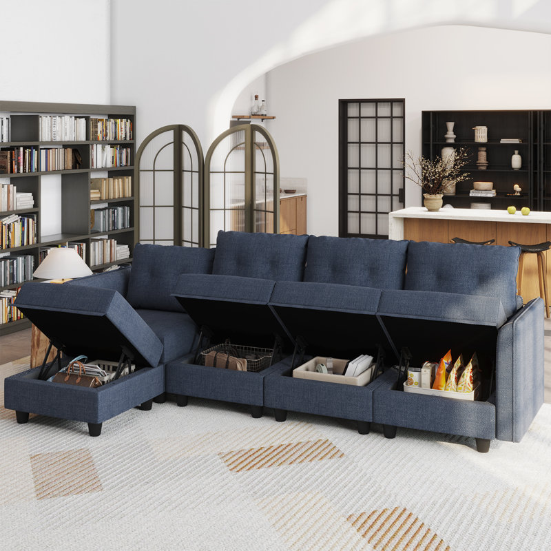 Tomario 5- Piece Upholstered L-Shaped Modular Sectional With Storage, Blue Polyester