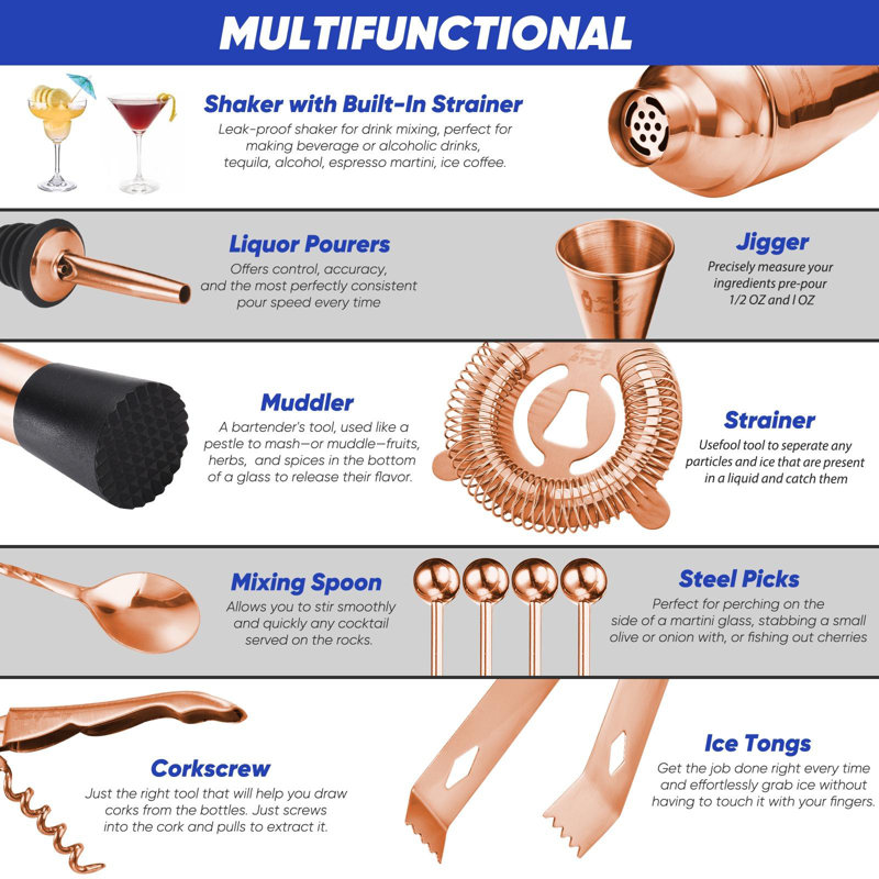 Rylon Bartender Kit - Bar Tool Set - Mixology Bar Set Cocktail Shaker Set, Rose Gold