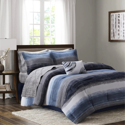 Navy Watercolor Striped 9 Piece King Comforter Microfiber And Cotton Bed Sheets With Matching Shams Skirt Decorative Pillow