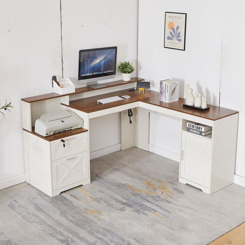 White L Shaped Desk, Executive Office Desk, Corner Desk with Lockable Drawer, Adjustable File Cabinet & Power Outlets, Computer Desk for Home Office, Storage Solutions, USB-C Hub, bureau de travail