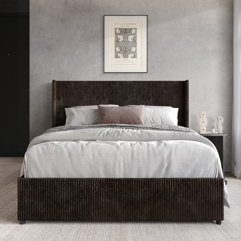 FULL SIZE WINGBACK PLATFORM LIFT UP STORAGE BED IN BROWN VELVET, FULL, BROWN