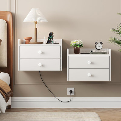 Floating Nightstand Set Of 2 With 2 Storage Drawers And Charging Station Wood Wall Mounted Bedside End Table Modern Night Stands Set 2 For Bedroom,Small Space,White