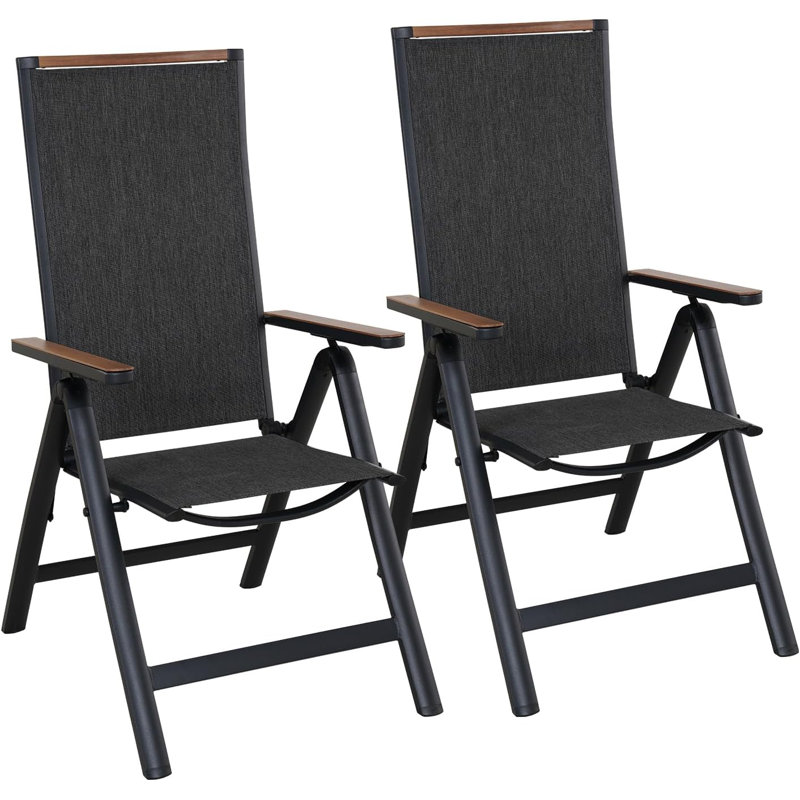 Set of 2 Folding Aluminium Garden Chairs with Armrests, 6-Position Adjustable High Back, Breathable Mesh Seat, Grey