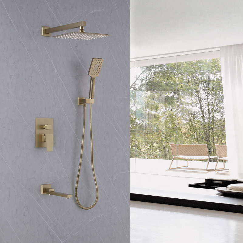 Modern 10" Rectangle Wall Mounted Pressure Balance Rainfall Shower System With Swivel Tub Spout And Handheld Shower