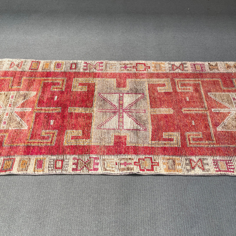 Tapis rouge en laine rétro patchwork 32,7 x 145,7 pouces