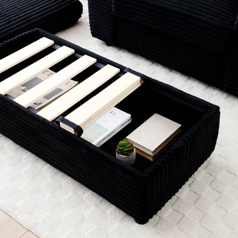 Corduroy Fabric Loveseat with Ottomans and Two Pillows, Black Corduroy