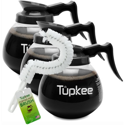 Tupkee Commercial Coffee Carafe Replacement – 64 oz 12-Cup Glass Decanter Set of 3 with Black Handles – Includes Cleaning Brush