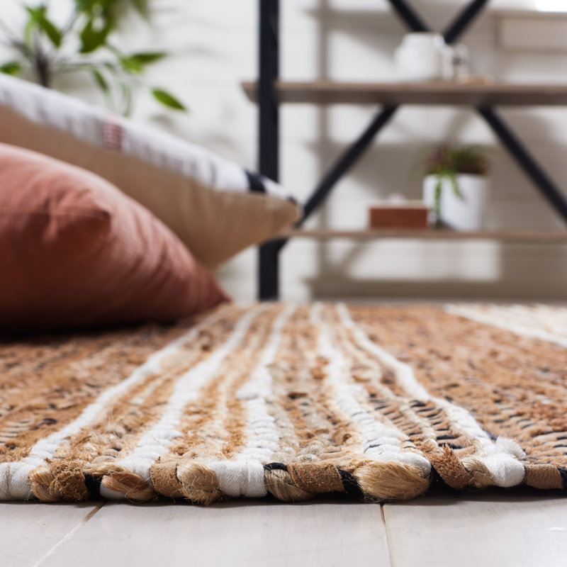 Preston Striped Hand-Woven Cotton/Leather/Jute Brown/Beige Area Rug, Rectangle 8' x 10'