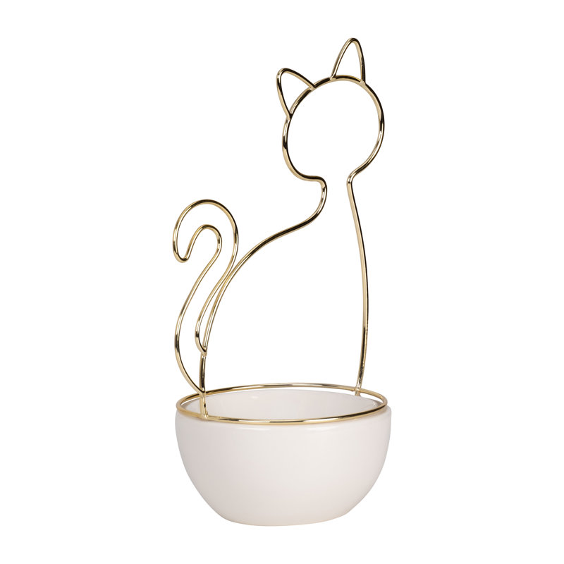 Plateau à bijoux moderne en grès et céramique avec détails en fil métallique - Porte-bijoux blanc de 10 po pour la maison, le bureau, la chambre à coucher et le salon.