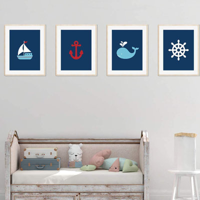 «ocean theme, bateau, ancrage, baleine, roue de capitaine, ensemble de 4 pièces imprimé sur papier Curci