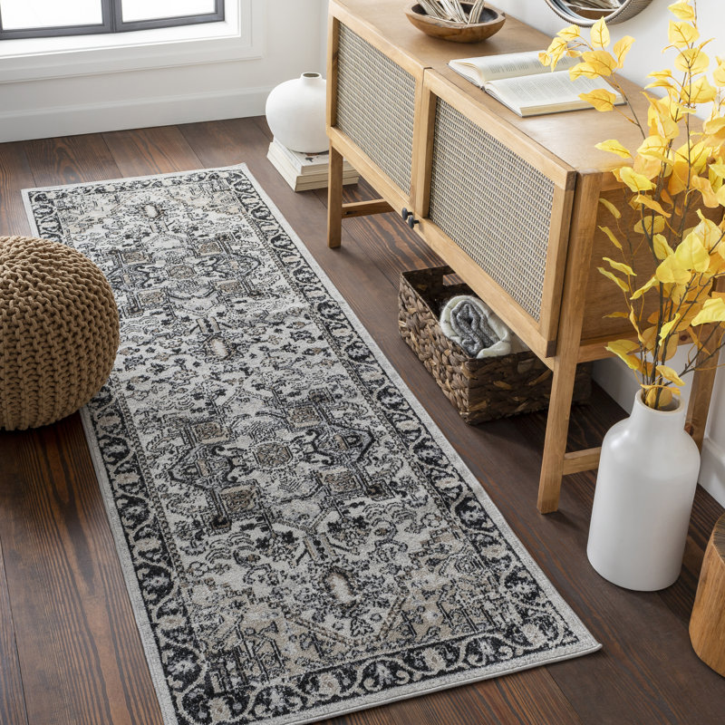 Haughton Machine Washable Oriental Black/Taupe Area Rug, Runner 2'7" x 7'3"