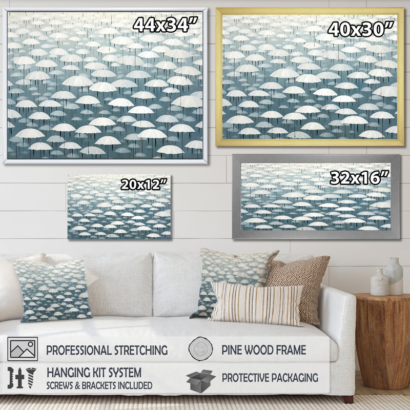 Ciel rempli de parapluies blancs II sur toile, Cadre flottant doré, H 16 po x l 32 po x P 1 po