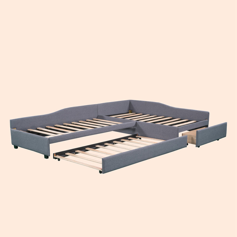 Upholstered Double Daybed with Trundle and Drawer, Gray