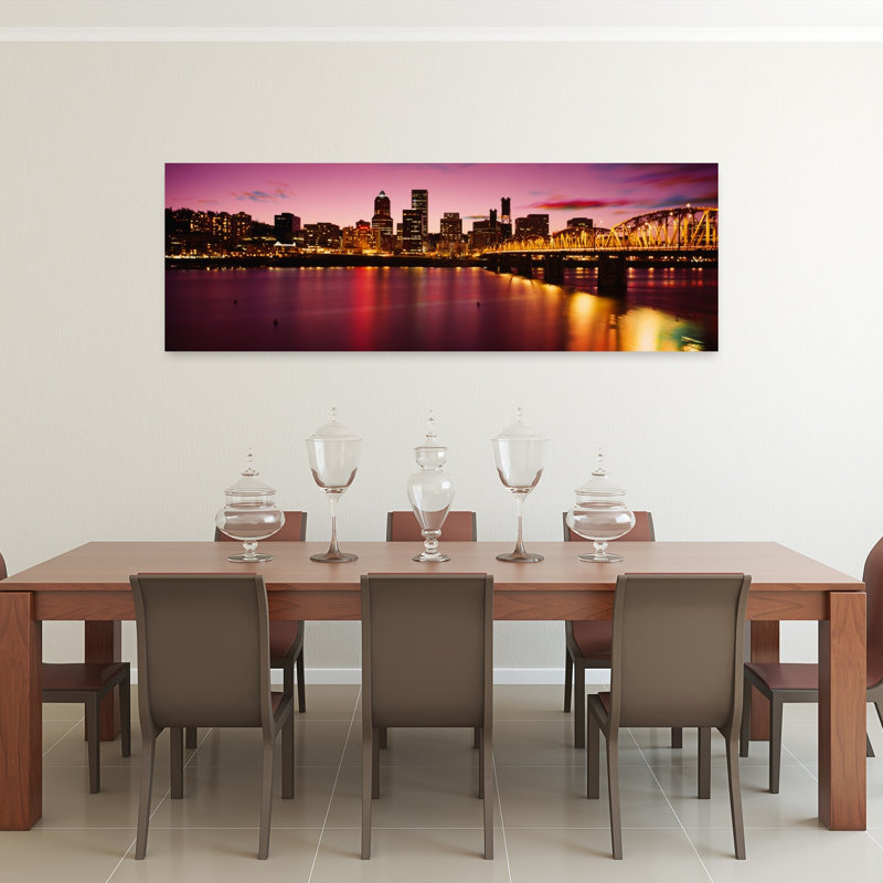 Skyscrapers lit up at sunset Willamette River Portland Oregon USA 1 Piece Wrapped Canvas Panoramic Wall Art
