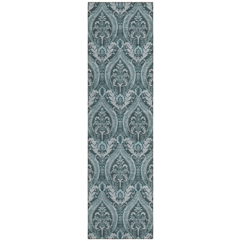 8' Runner Teal Damask Washable Non Skid Indoor Outdoor Runner Rug