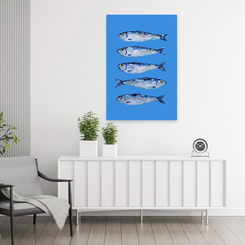 Cinq sardines bleues, art mural océan côtier, H 36 po x l 24 po