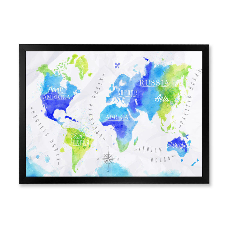 Carte du monde en vert et bleu - Impression sur toile, H 16 po x l 32 po x p 1 po, Cadre photo noir