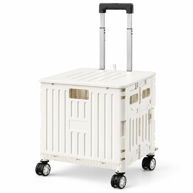 Chariot utilitaire pliant roulant avec couvercle, caisse de rangement pliable avec roues et rangement verrouillable, blanc