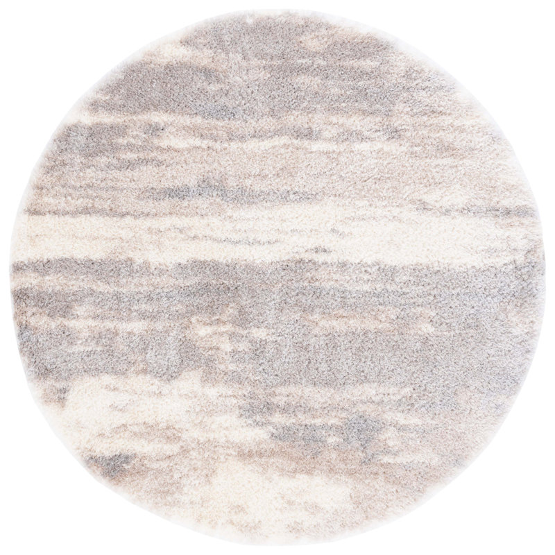 Tapis abstrait en polyester tissé à la machine en ivoire / gris, Rond 6 pi 7 po