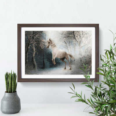 White Horse Rearing in a Winter Forest in Abstract - Picture Frame Graphic Art Print