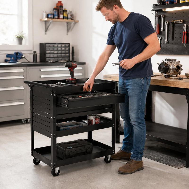 Chariot à outils roulant 30 po, armoire utilitaire en acier à 3 niveaux avec 2 tiroirs et roulettes verrouillables, établi mobile robuste pour garage et atelier, noir