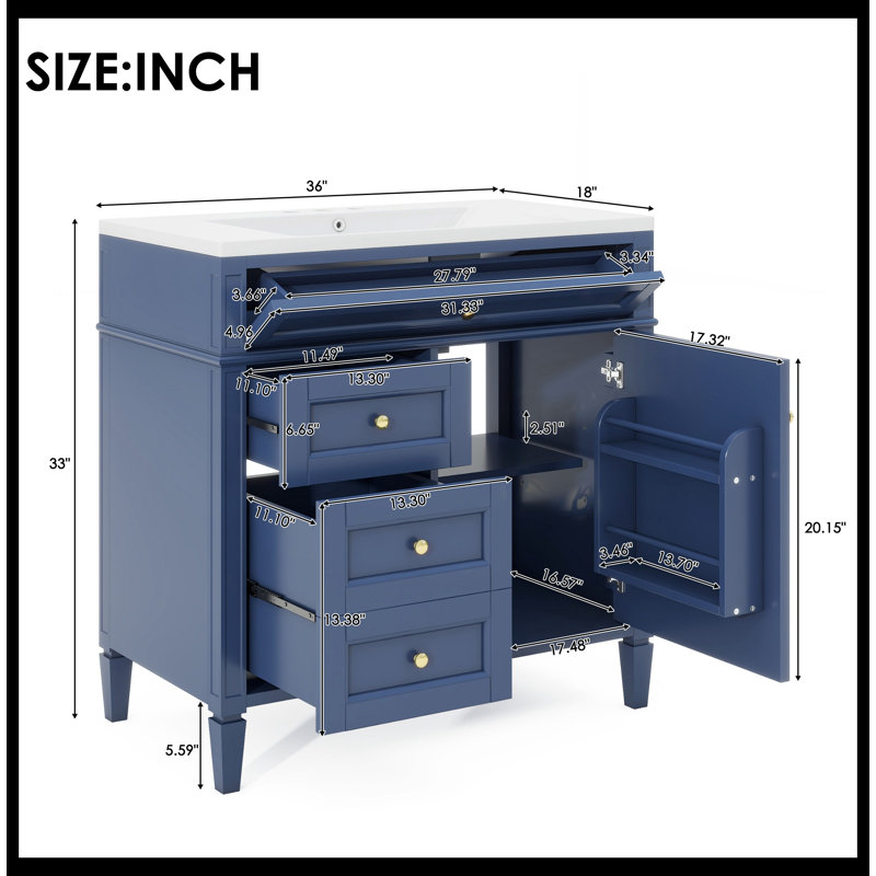 Meuble-lavabo moderne 36 po avec lavabo supérieur, Bleu