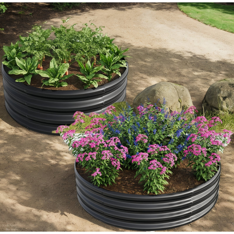 11.4 In. Tall X 47 In. L X 47 In. W Round Metal Raised Garden Bed(2 PCS), 11.42" H x 47.24" W x 47.24" D, Black