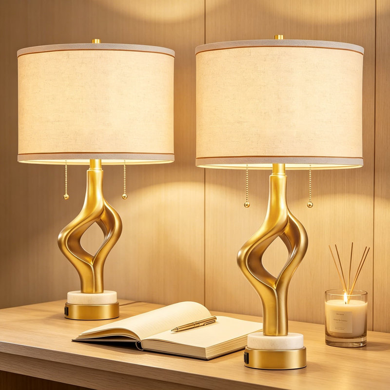 Ensemble de 2 lampes de table modernes avec ports USB, conception sculpturale en résine dorée sur base en marbre, interrupteur à double chaîne et ampoules pour la table de chevet du salon