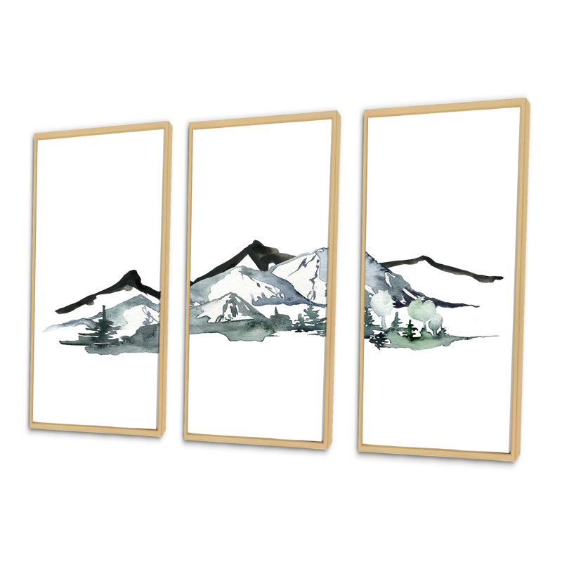«Minimalistic Winter Mountains And Fir Forest I», peinture sur toile 3 pièces, H 28 po x l 36 po, Brun