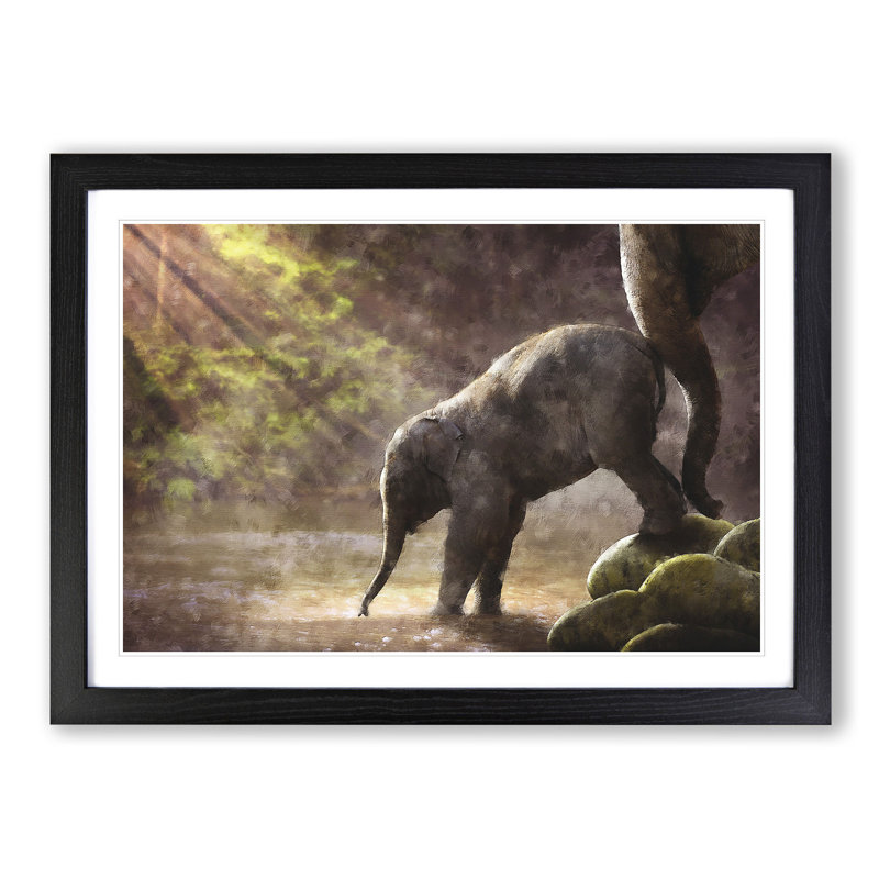 Mother Elephant Encouraging Baby - Picture Frame Painting Print, 33cm H x 45cm W x 2cm D, Black Framed