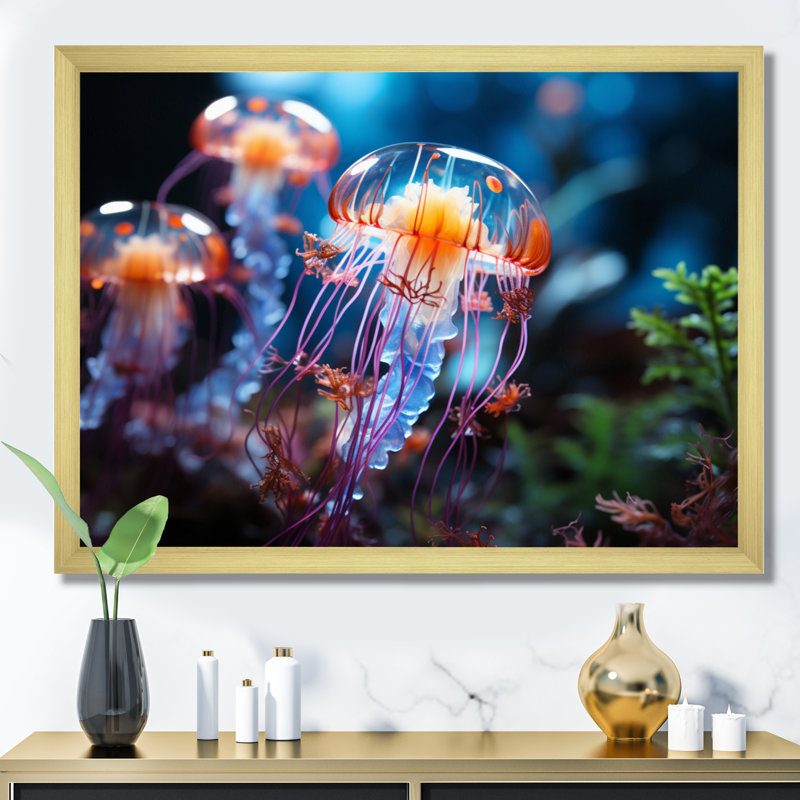 " Jellyfish Oceans Glow V ", 34" H x 44" W x 1.5" D, Gold Single Picture Framed