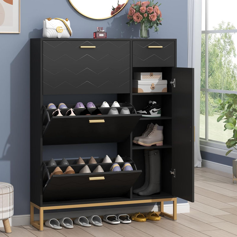 Black Modern MDF Shoe Storage Cabinet with Gold Handles