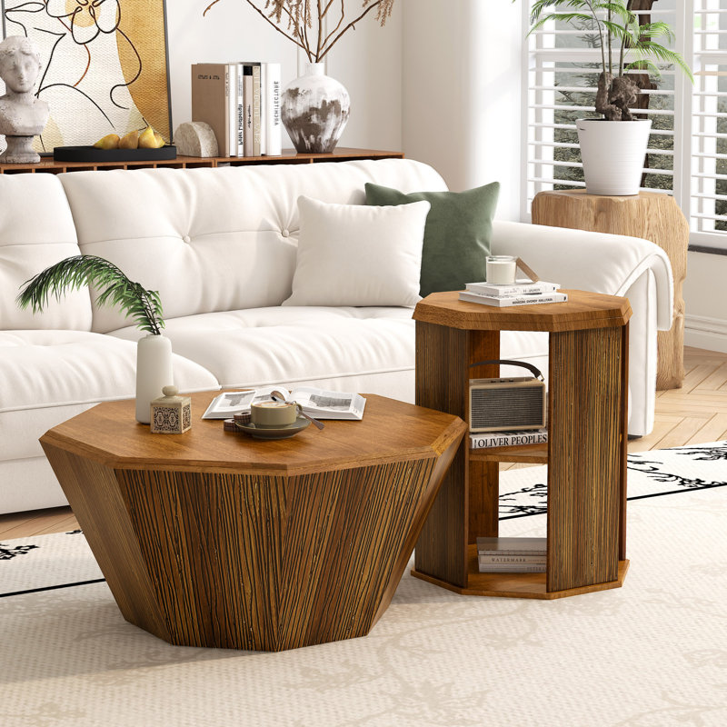 Ensemble de deux tables basses octogonales en bois d'hévéa, Naturel
