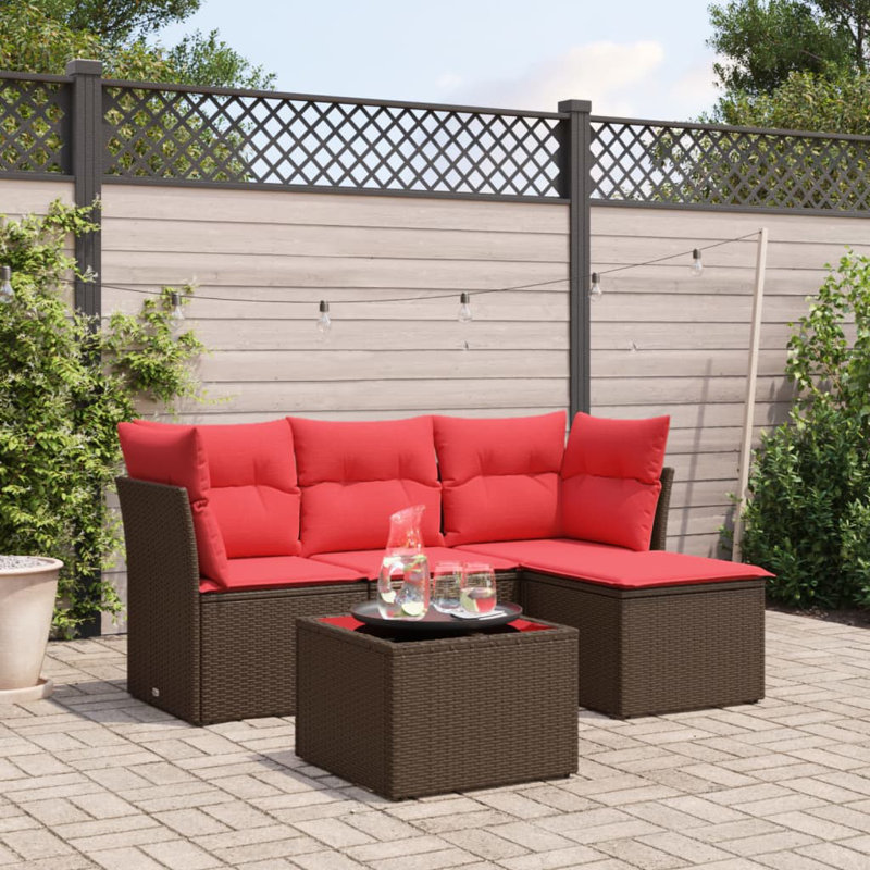 Ensemble de canapé de patio 5 pièces avec coussins en rotin de polyester, Rouge, Brun