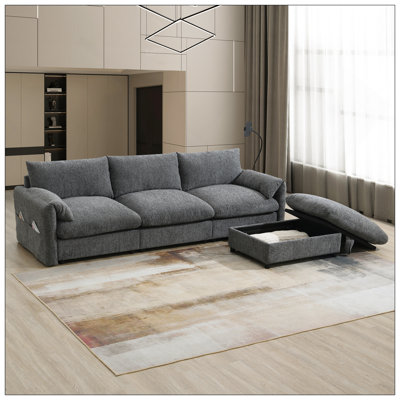 Canapé modulaire en chenille de 96,5 po avec repose-pieds et poches de rangement, support de téléphone réglable, siège large, ensemble de canapé en L de 4 sièges, canapé confortable avec chargeur USB pour le salon, l’appartement,