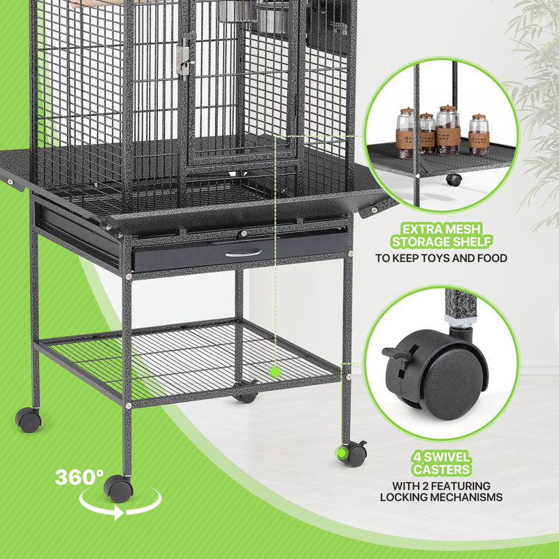 Black 61" Wrought Iron Play Top Bird Cage with Stand