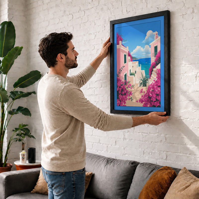 Mediterranean Escape Coastal - Framed Print, A2 - 59.4 x 42.0 cm, Oak