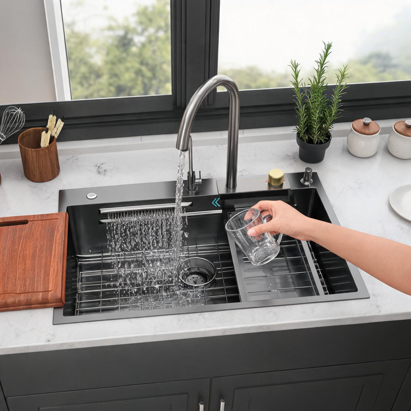 Évier de cuisine à encastrer en acier inoxydable noir canon de fusil, 33 po x 22 po, avec robinet extractible et lave-tasse