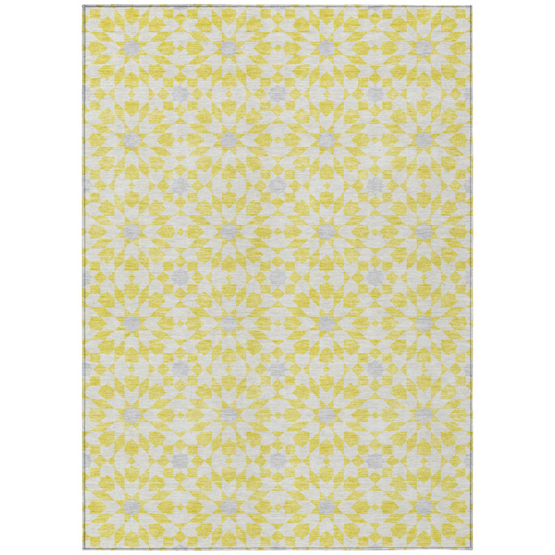 3' X 5' Yellow Ivory And Gray Floral Medallion Washable Indoor Outdoor Area Rug