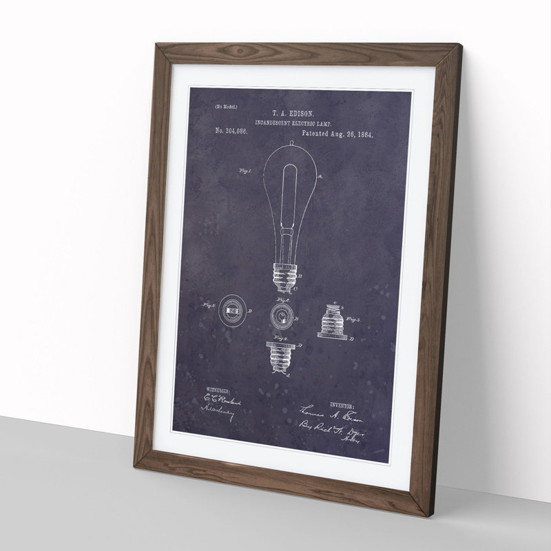 Light Bulb Patent Dark - Picture Frame Painting, 36cm H x 27cm W x 2cm D, Walnut Framed, Violet/Purple