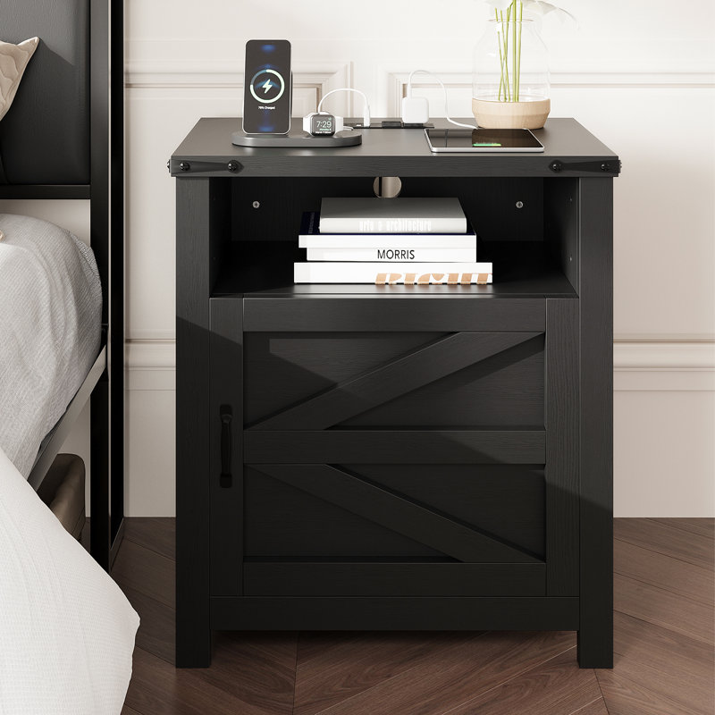 Black Farmhouse Nightstand with Barn Door and Shelf, Set of 2