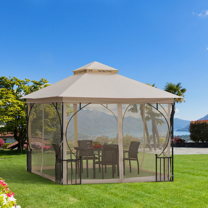 Beige 10' x 10' Steel Frame Patio Gazebo with Mesh Netting